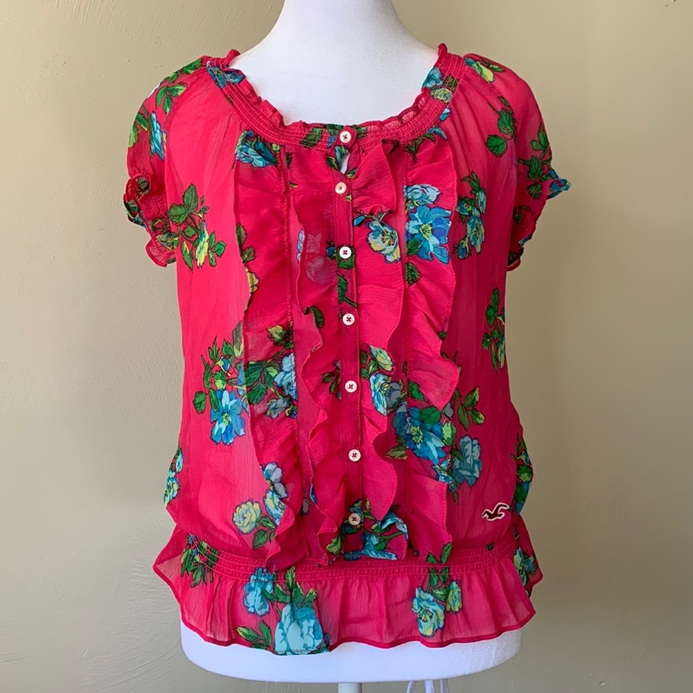 Hollister Sheer Pink Short Sleeve Shirt w/ Ruffle Blue/Green Floral Print Size S